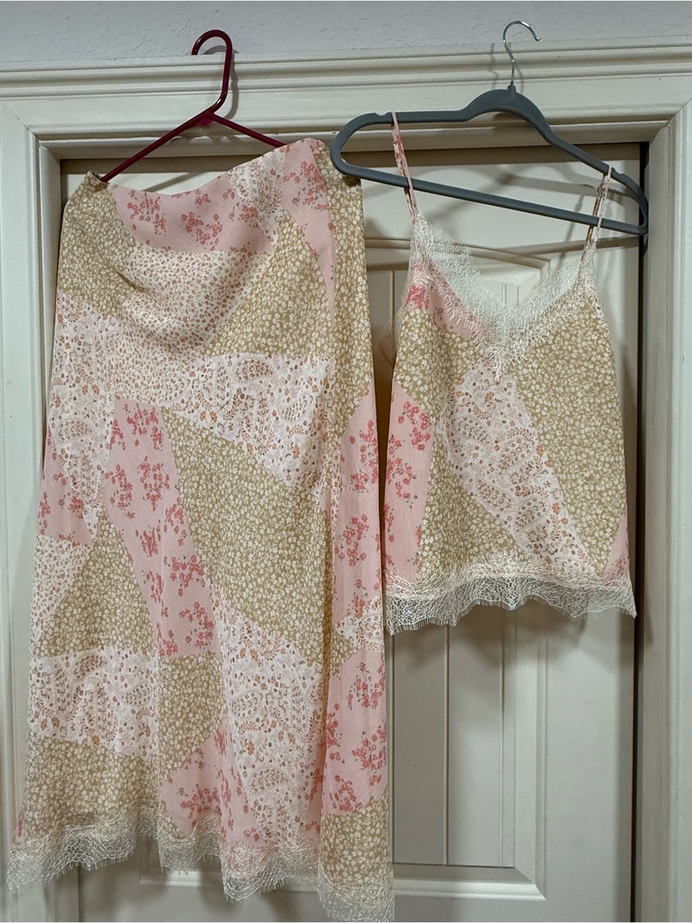 LOFT Cream Lace Trim Slip Top and Skirt Set